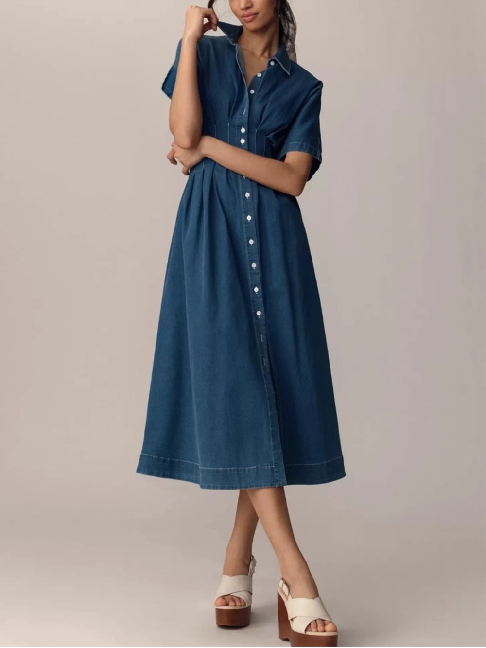 Anthropologie exquise Toby Button-Front Midi Shirt Dress in denim Blue size xxs